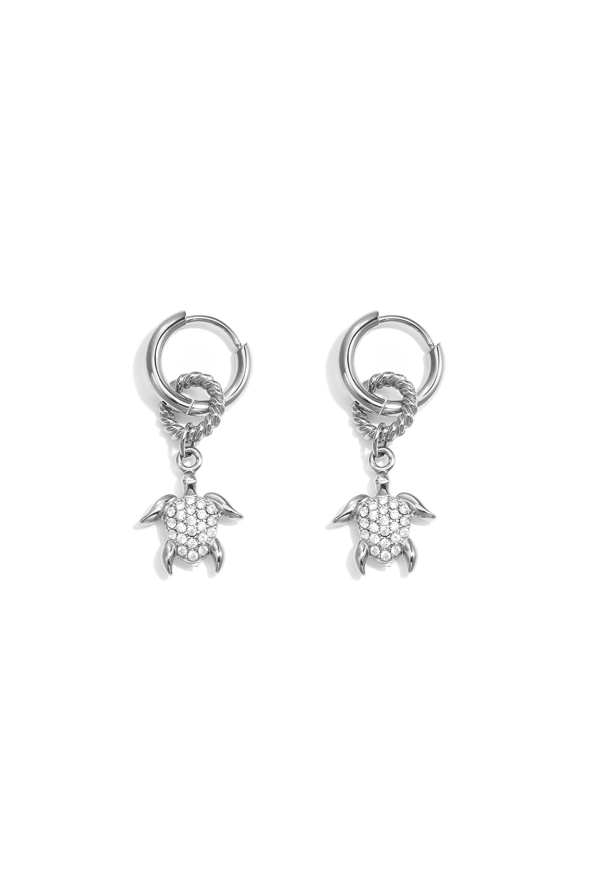 Zilveren oorbellen met zirkonium schildpad hangers en gedraaide details van roestvrij staal voor dames