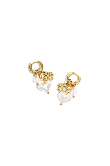 Oorringetjes met bloemen en hart hangers - Oorbellen - Goud