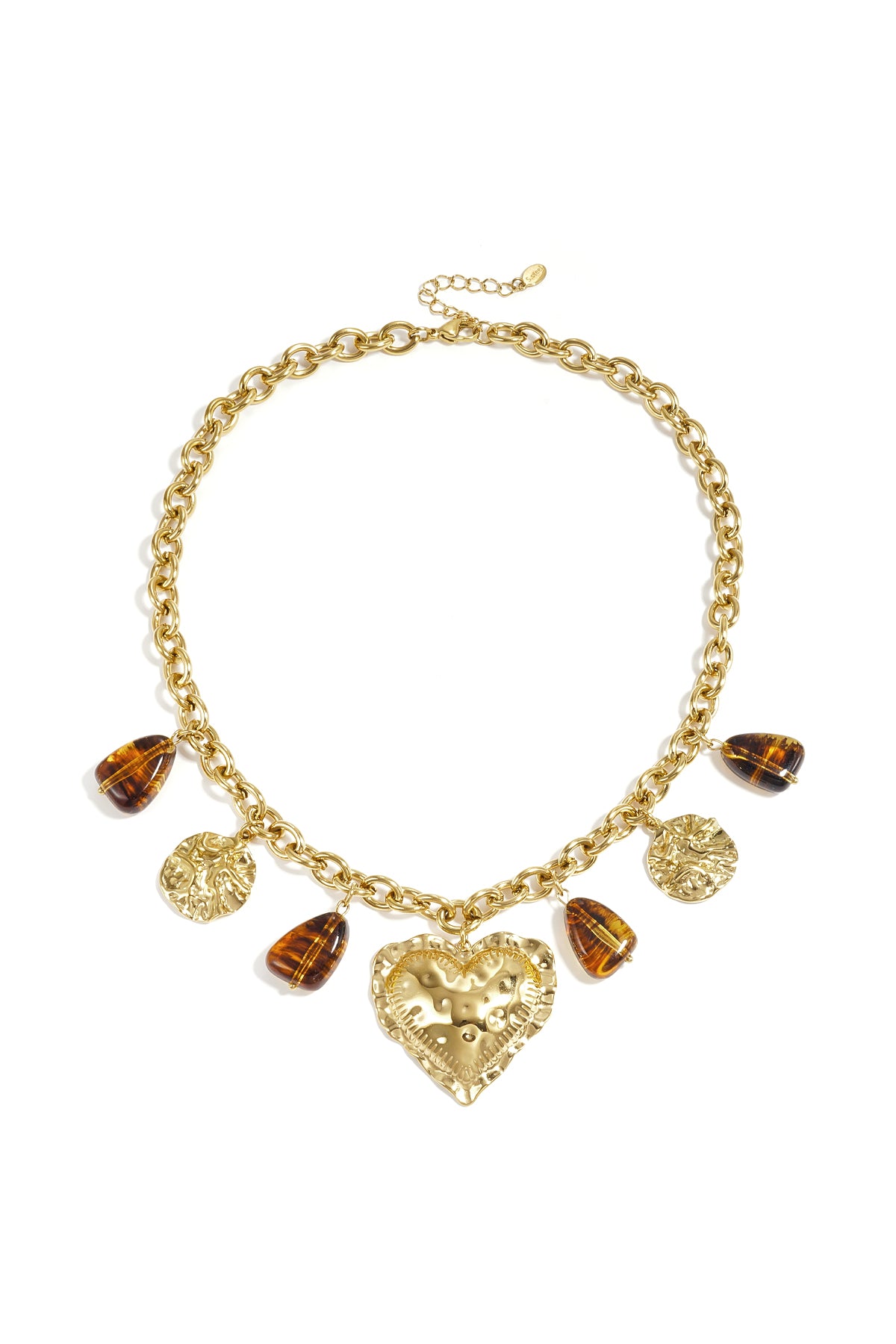 Schakelketting met hangende kralen munten en statement hart