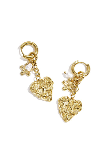 Oorringen met bloem hart en parel hanger - Oorbellen - Goud