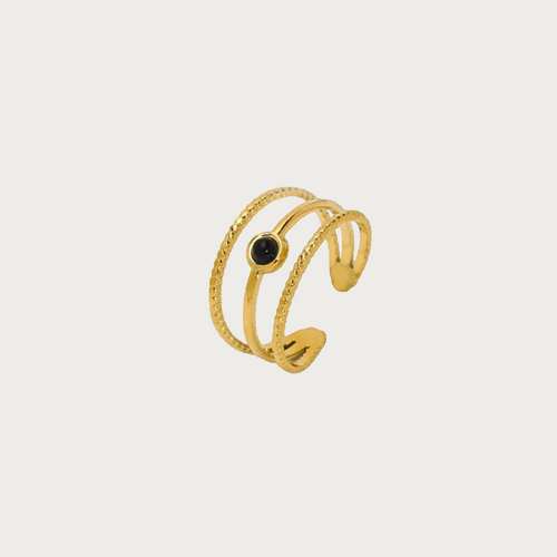 Gouden Aarya ring van stainless steel met meerdere banden en blauwe natuursteen