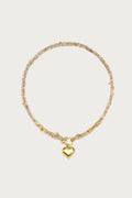 Beige touw ketting met gouden rvs hart hanger en kleine gouden kralen, dames sieraad