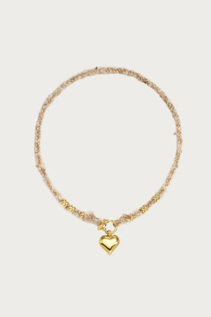 Beige touw ketting met gouden rvs hart hanger en kleine gouden kralen, dames sieraad