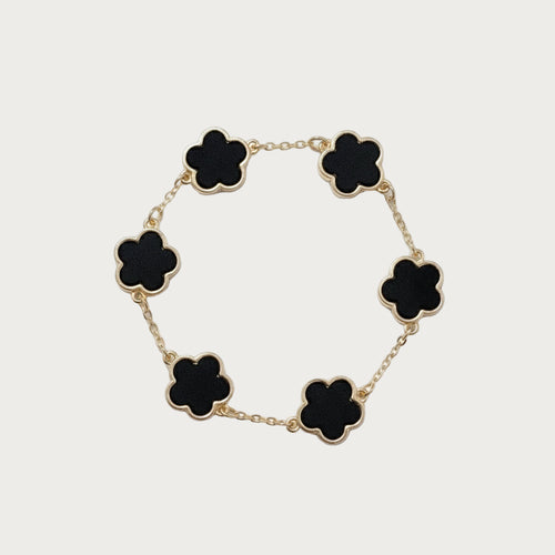 Belle armband black stainless steel met gouden ketting en zwarte klaverbedels