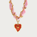 Roze ketting met gouden schakels, Celeste design, rood hartvormige hanger, stainless steel sieraad