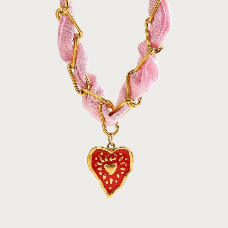 Roze ketting met gouden schakels, Celeste design, rood hartvormige hanger, stainless steel sieraad