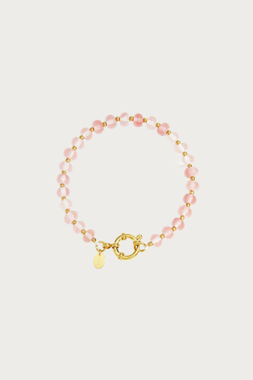 Clarisa armband van natuursteen met roze koraal kralen en gouden sluiting, luxe dames sieraad