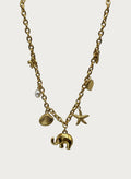 Gouden ketting met bedeltjes: olifant, schelp, zeester en parel. Roestvrijstalen sieraden voor dames.