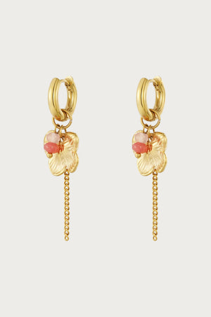 Gouden oorbellen met bloemvormige hangers, roze steentjes en lange kettingen, van roestvrij staal