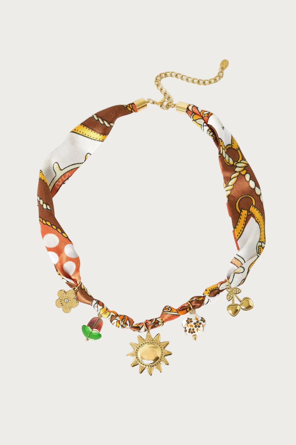 Multicolor Flower Statement Ketting van zijde, goudkleurig detail met bloem, kers, zon en hart bedels