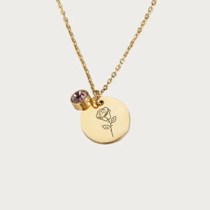 Geboortesteen ketting met gegraveerde verjaardagsbloem hanger en roze geboortesteen, goudkleurige dames ketting