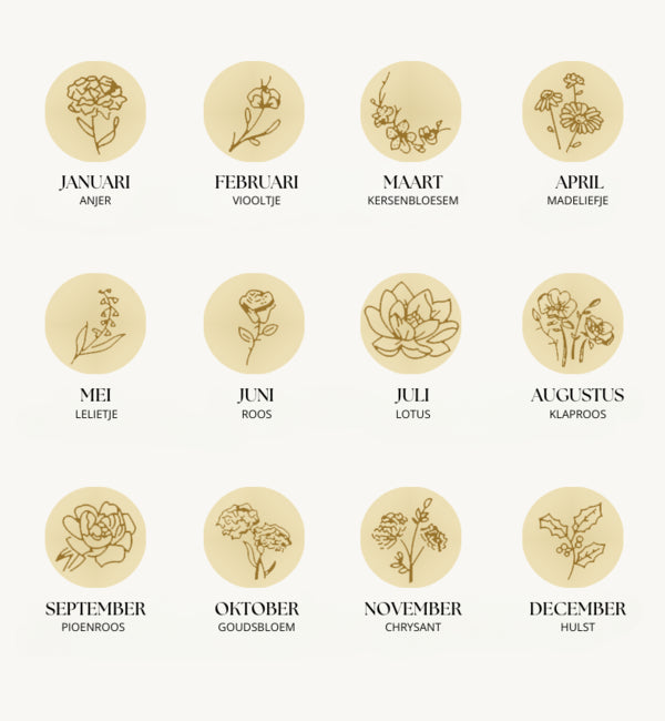 Overzicht verjaardagsbloemen per maand voor geboortesteen ketting; bloemen hangers voor sieraden.