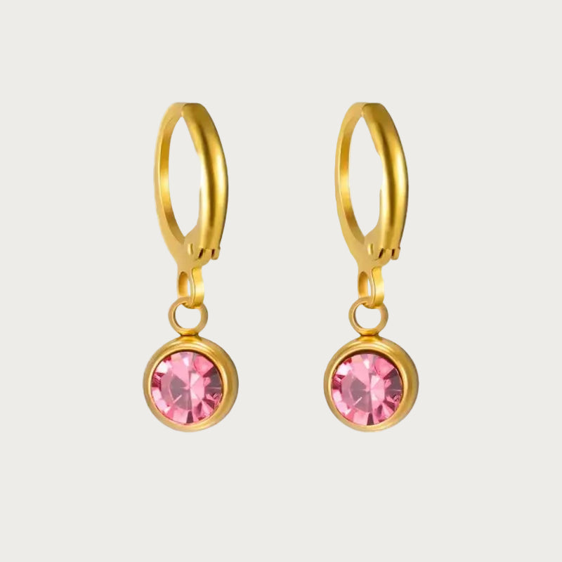Gouden geboortesteen oorbellen met roze hanger, elegante sieraden met zirkonia edelsteen