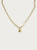 Gouden stainless steel ketting met hangslotje en veiligheidsspeld detail, modern sieraad