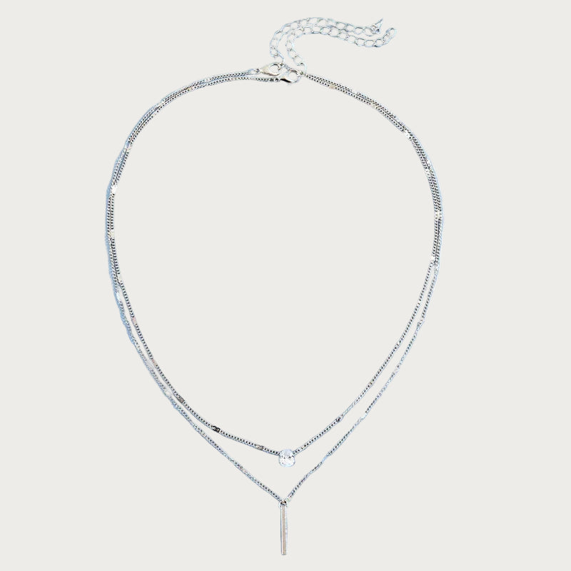 Zilverkleurige dubbele ketting Luna met bar en kristallen hanger, verstelbare sieraden voor dames