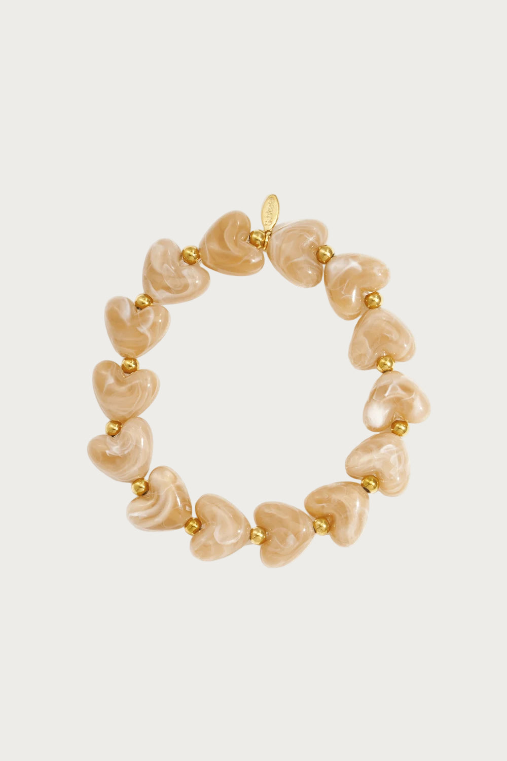 Milena hartjes armband van roestvrij staal in kakhi tint, gekleurde kralen armband met vrolijke hartjes en gouden accenten