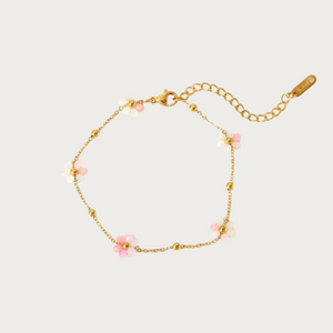 Gouden roze enkelband van stainless steel met bloemetjes en kraaltjes voor dames, verstelbaar