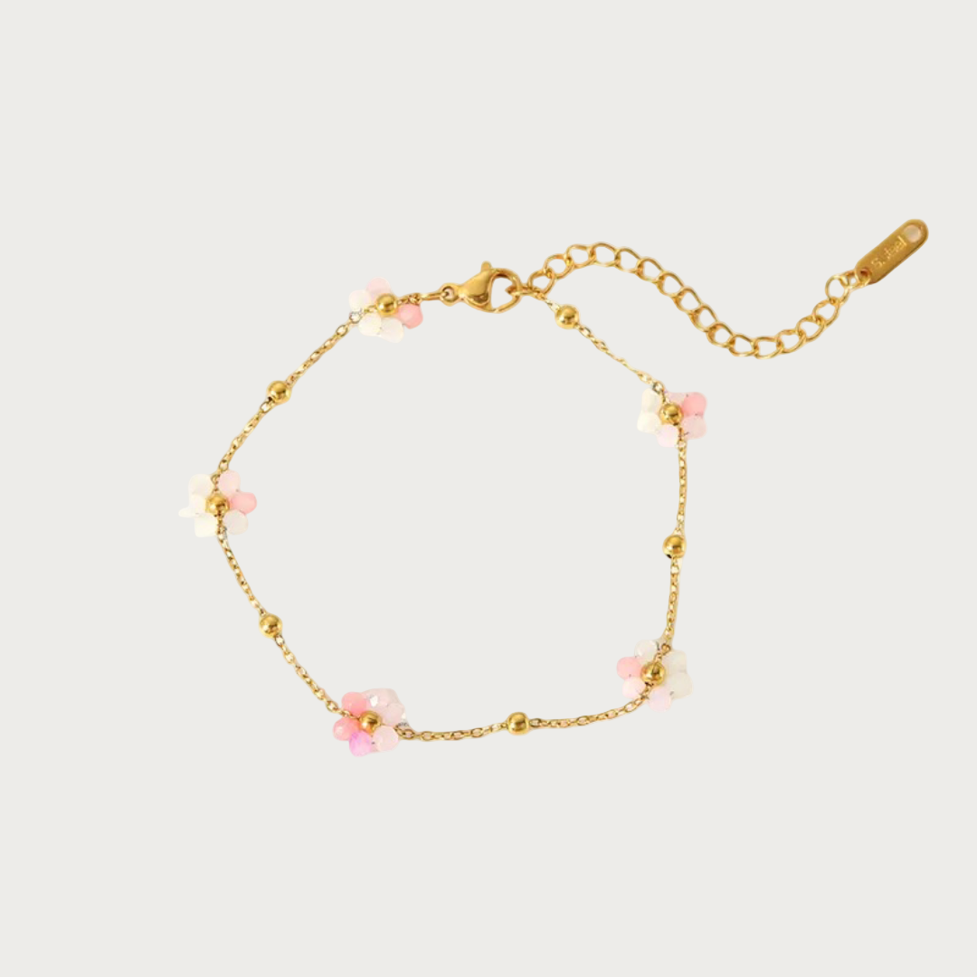 Gouden roze enkelband van stainless steel met bloemetjes en kraaltjes voor dames, verstelbaar