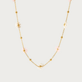 Gouden Miranda ketting van stainless steel met lichtroze en parelmoer bloemkralen en gouden bolletjes