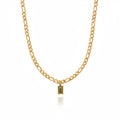 Gouden schakelketting met langwerpige groene zirkonia steen van stainless steel, stijlvolle damesketting