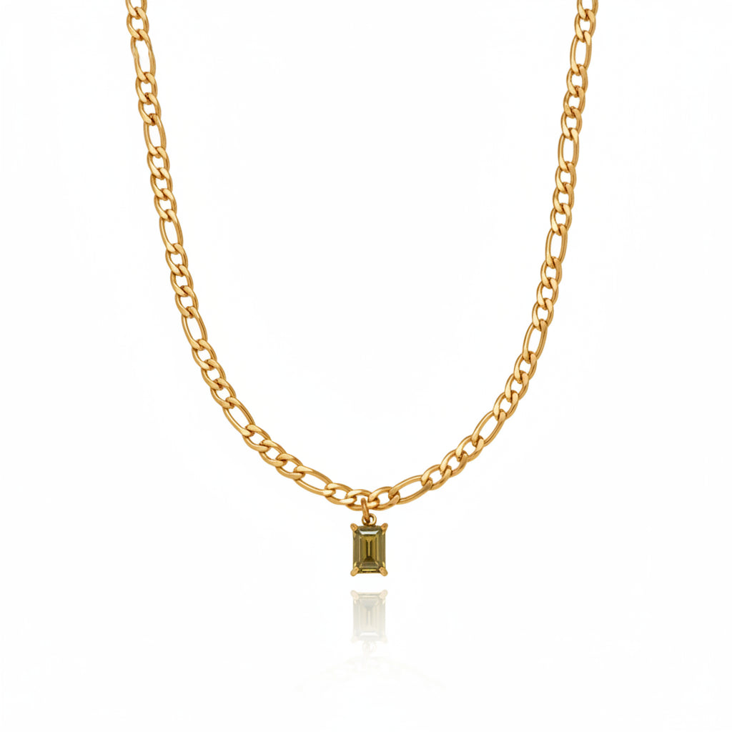 Gouden schakelketting met langwerpige groene zirkonia steen van stainless steel, stijlvolle damesketting