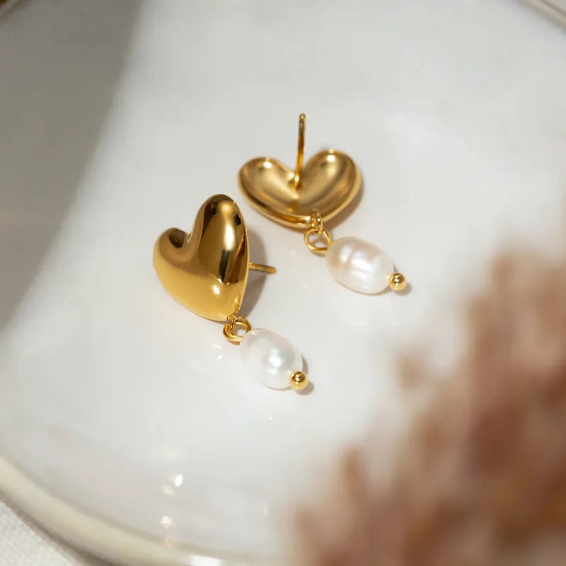 Pearl Heart Earrings - Stainless Steel