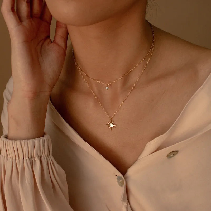 Stella dubbele ketting goudkleurig van stainless steel met sterhanger en zirkonia steentje, elegant sieraad