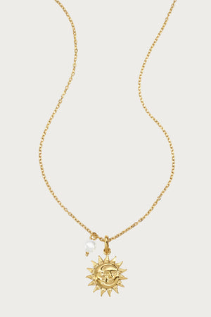 Lange gouden ketting van roestvrij staal met zon- en maanbedel en parel, dames sieraden