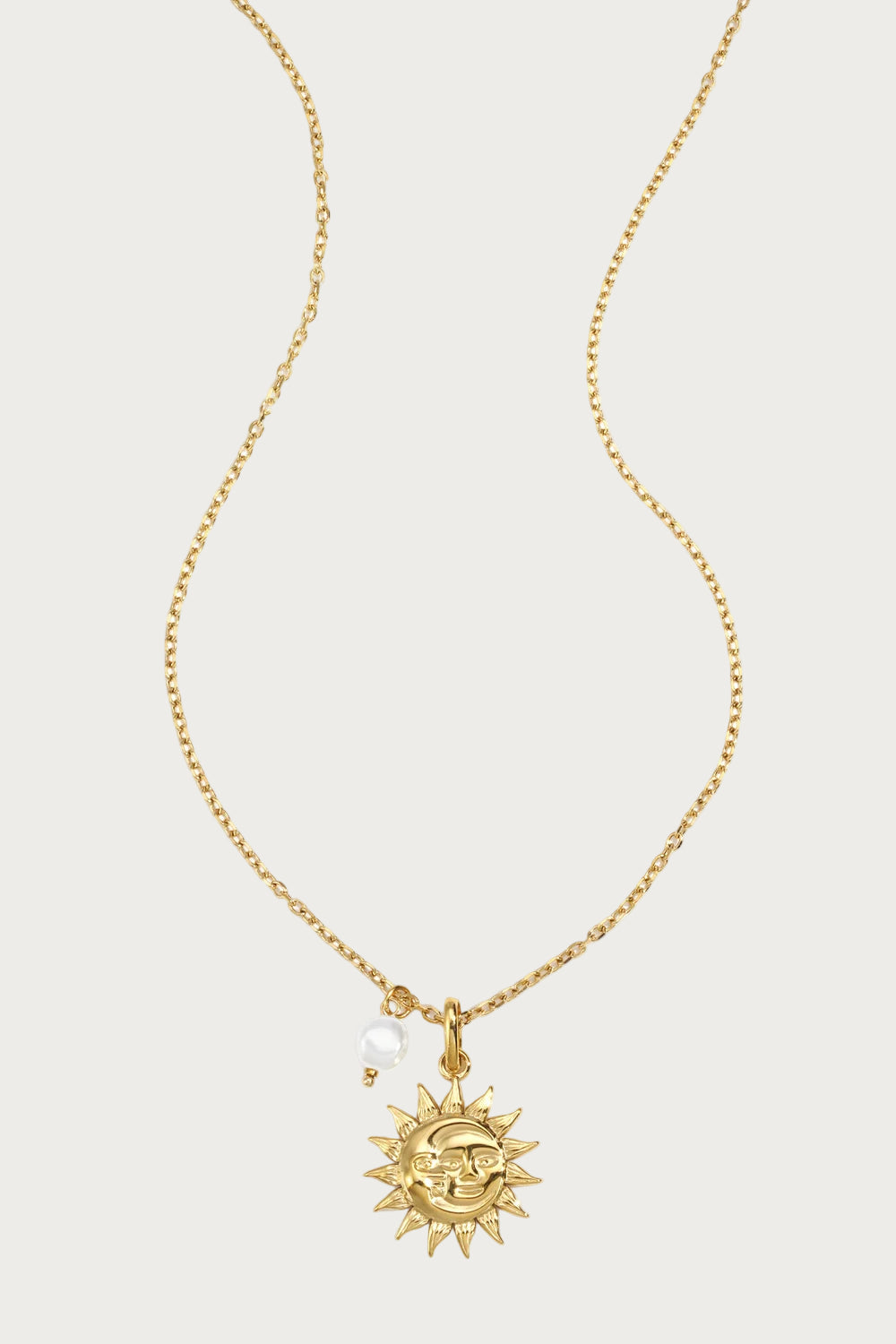 Lange gouden ketting van roestvrij staal met zon- en maanbedel en parel, dames sieraden