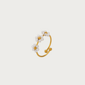 Gouden ring van roestvrij staal met drie bloemen van witte kralen en gouden kernen, open verstelbare bloemenring sieraad