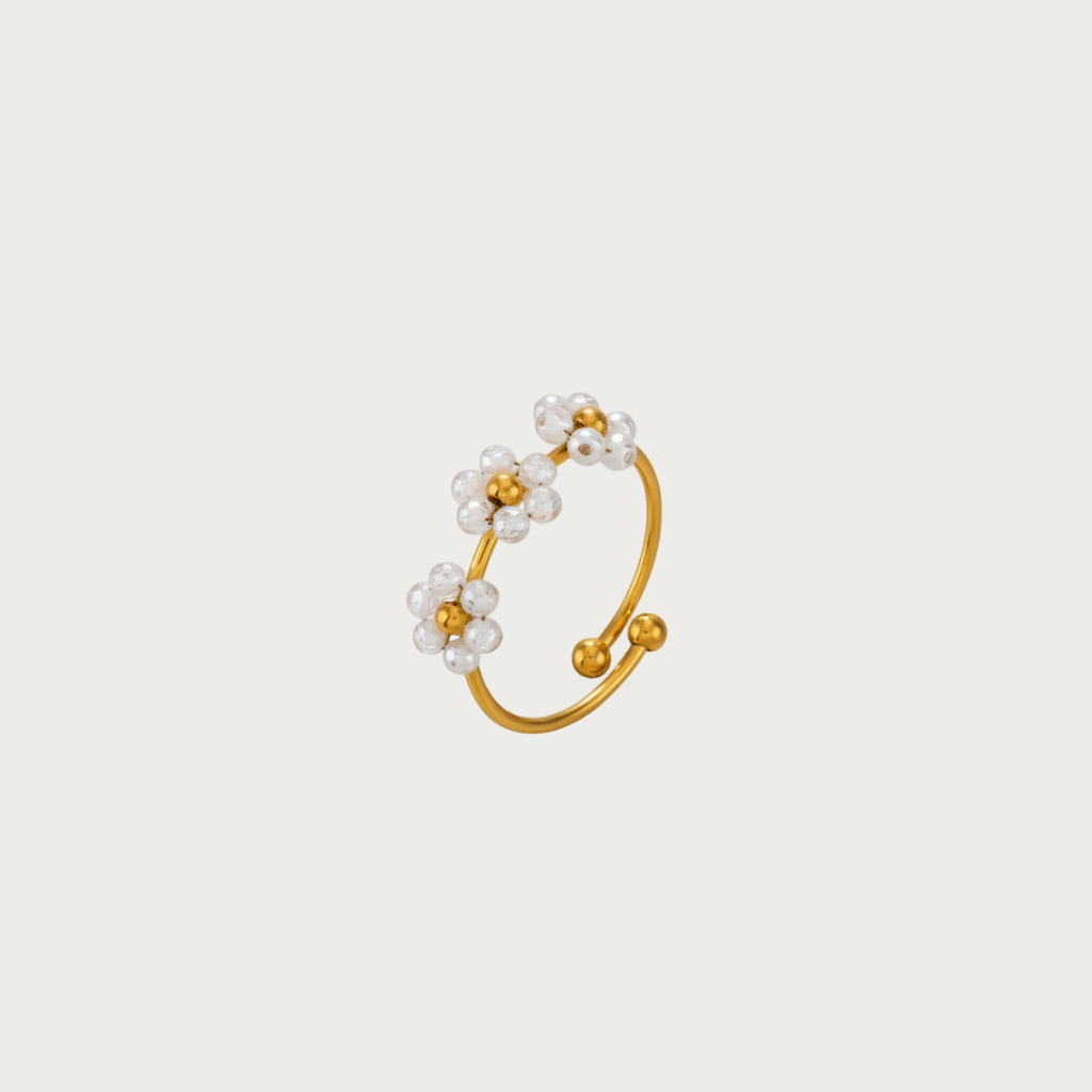 Gouden ring van roestvrij staal met drie bloemen van witte kralen en gouden kernen, open verstelbare bloemenring sieraad