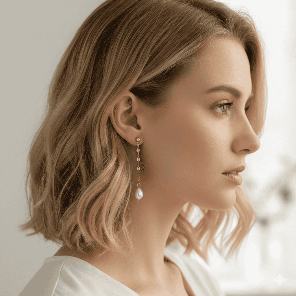 Model draagt White Pearl Drop oorbellen van Jewellery by Mae, met elegante parel aan een fijne goudkleurige ketting. Perfect voor dagelijks gebruik.