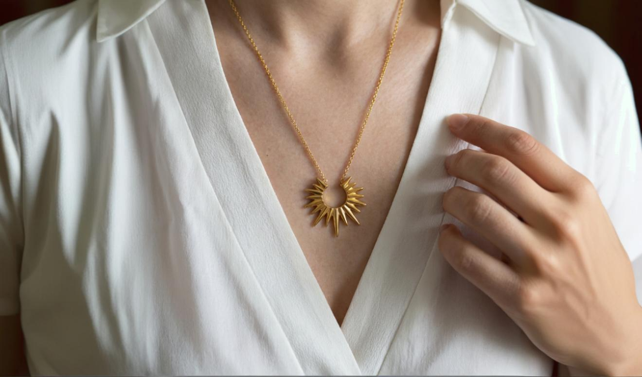 Gouden Xavi ketting met zonnedesign, gemaakt van stainless steel, gedragen om een hals met witte blouse.