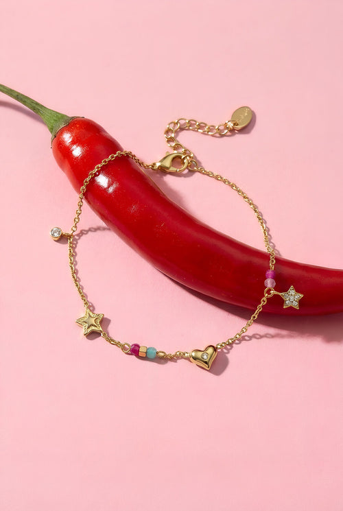 Bedelarmband met hart, ster, steentjes en kraaltjes