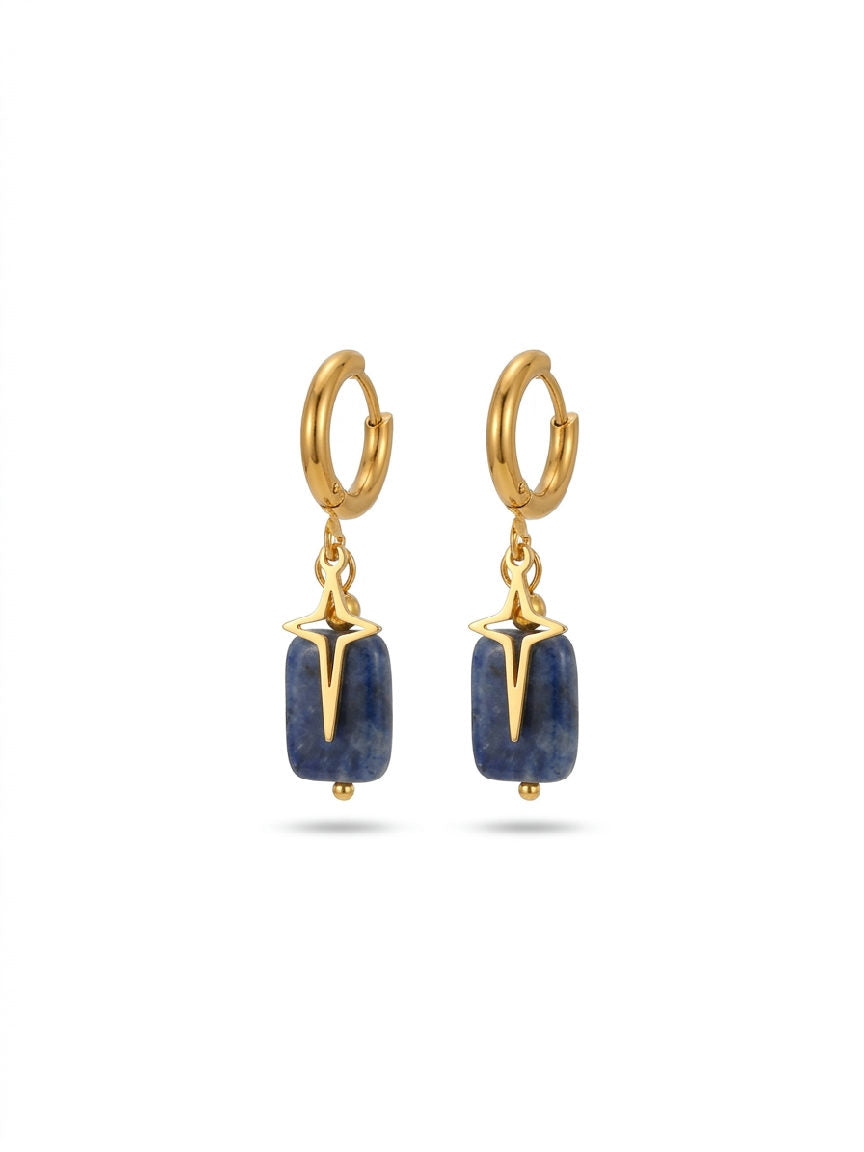 Gouden stainless steel oorringen met blauwe natuursteen hanger en stervormige details, stijlvolle oorbellen