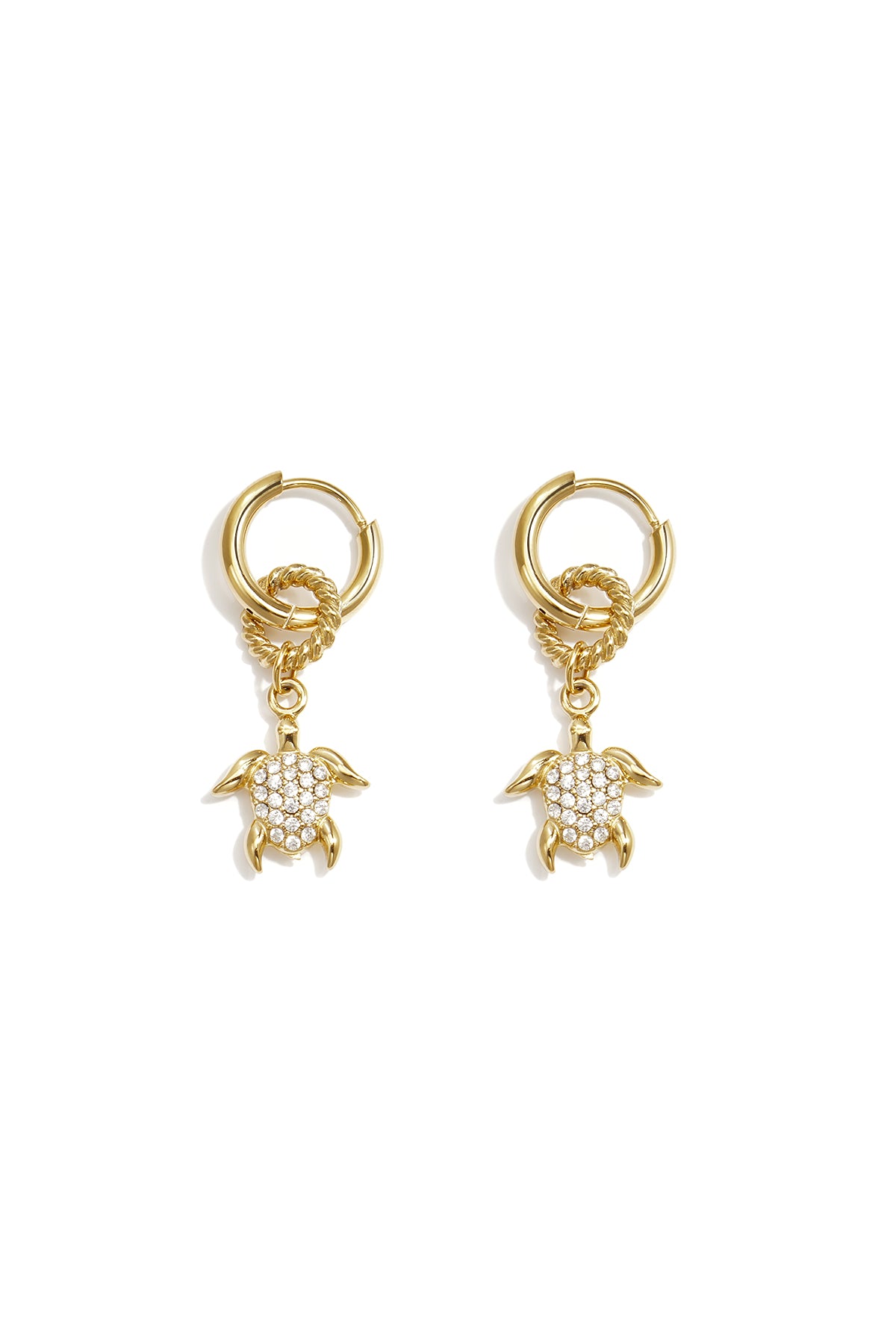 Goudkleurige stainless steel oorringetjes met zirkonium schildpad hangers. Perfecte oorbellen voor vrouwen, zomer & vakantie.