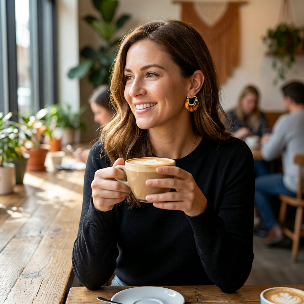 Duni earrings with a rich brown hue, crafted from durable stainless steel, elegantly draped on an ear, adding a stylish touch