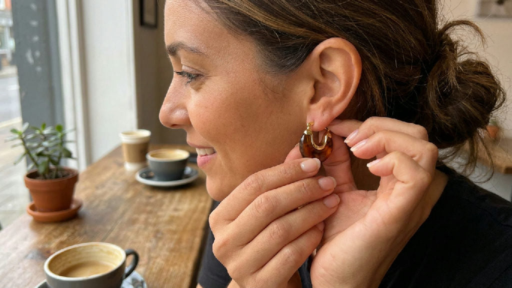 Close-up of Duni earrings, brown stainless steel hoops with a polished finish, worn by a model in a natural light setting
