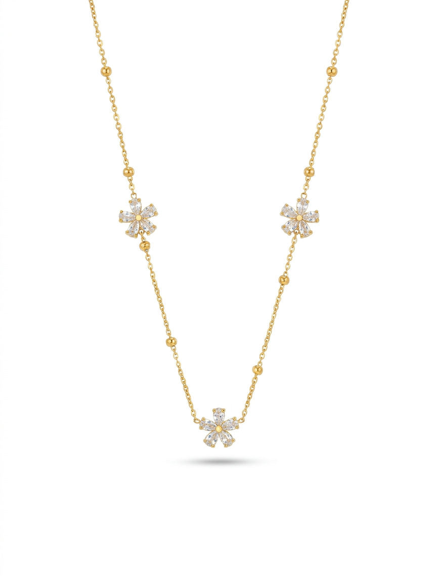 Gouden ketting met bloemenhangers en bolletjes, gemaakt van stainless steel, sieraden bloemenketting