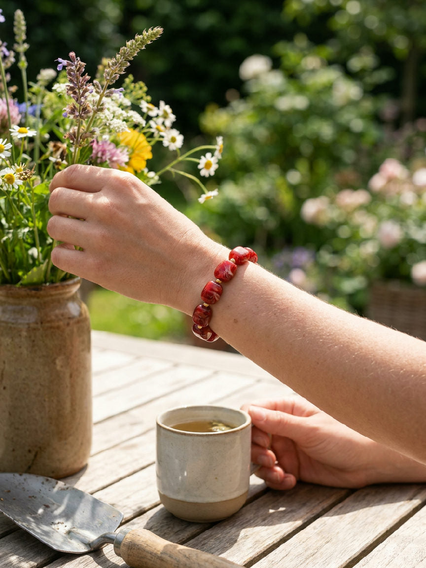 Vrouw draagt een stijlvolle Kralen armband in Ruby Red gecombineerd met andere armbanden in een ontspannen setting