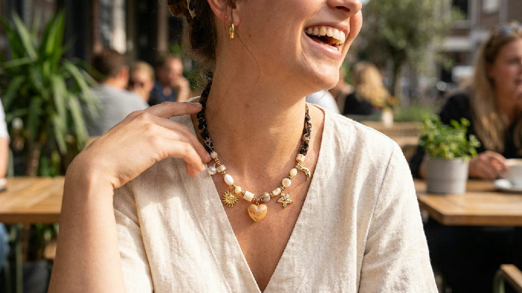 Close-up van een vrouw met een statement ketting met leopard print, perfect voor een gedurfde en trendy look