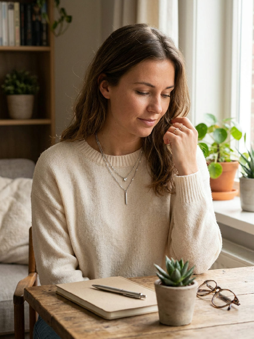 Elegante zilveren dubbele ketting om de hals van een vrouw, klassiek en tijdloos design voor dagelijks gebruik