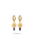 Gouden Luna oorbellen van stainless steel met evil eye hanger en blauwe steen, stijlvolle dames jewellery
