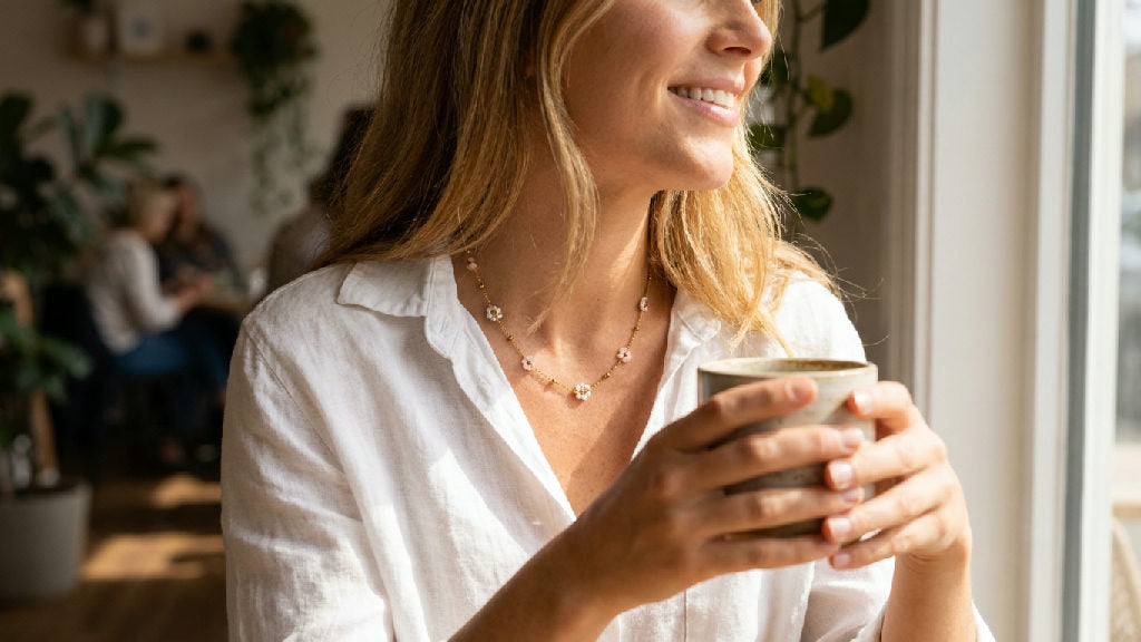 Close-up of a light pink stainless steel necklace, worn by a model, delicate and elegant design, in use