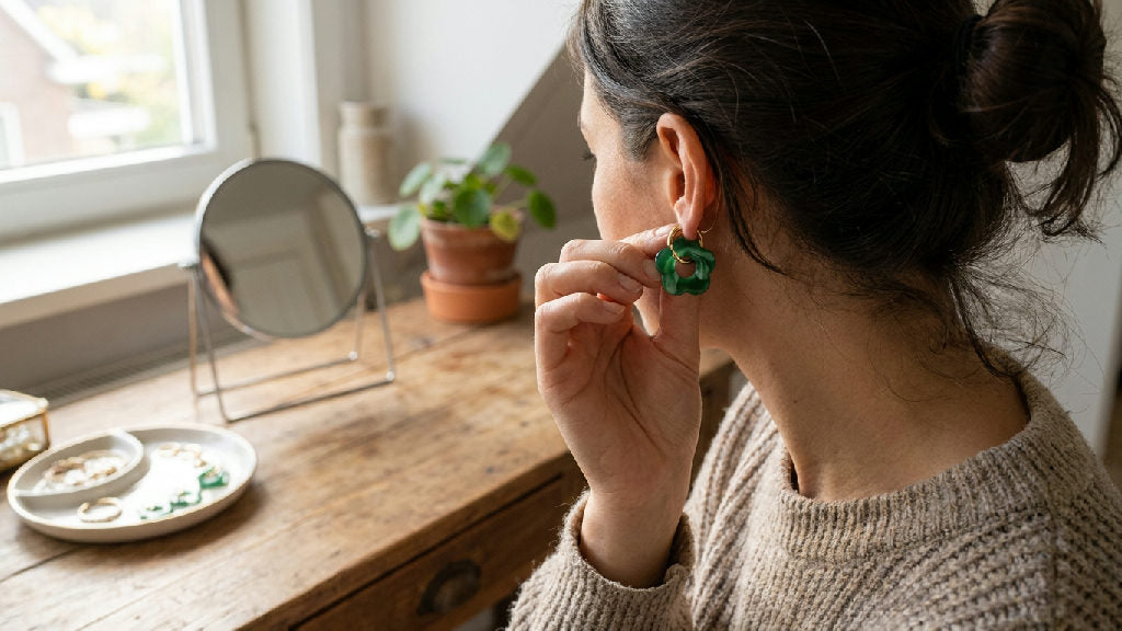 Elegante gouden oorbellen met glanzende smaragden stenen, perfect voor een avondje uit of speciale gelegenheid