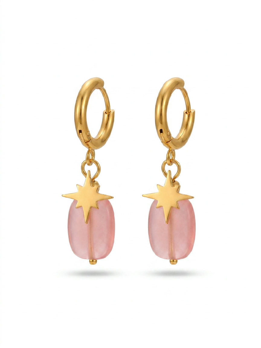 Gouden stainless steel oorbellen met roze ovale stenen en een sterretje, Nova hangende oorbellen