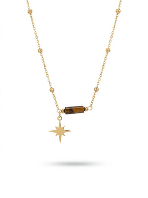 Gouden Solène ketting van stainless steel met tijgeroog kraal en ster hanger, sieraden, dames accessoires