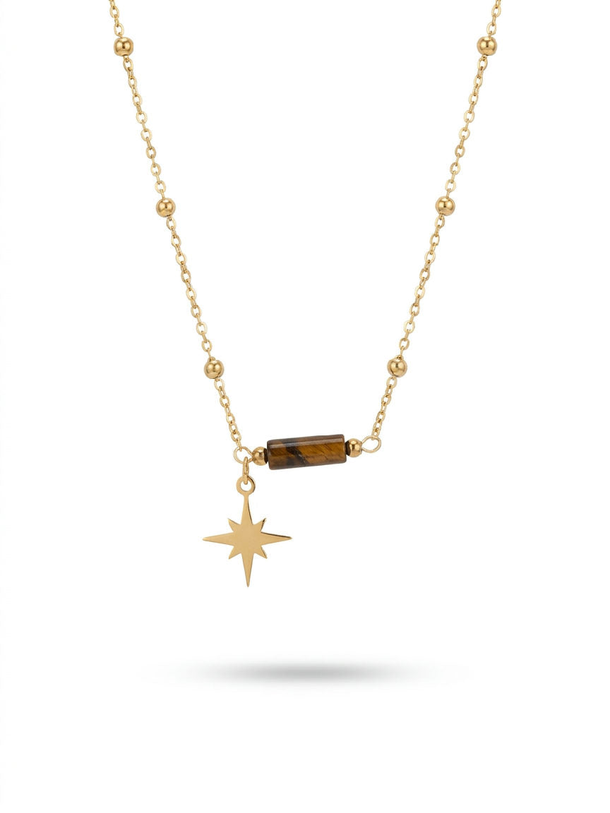Gouden Solène ketting van stainless steel met tijgeroog kraal en ster hanger, sieraden, dames accessoires