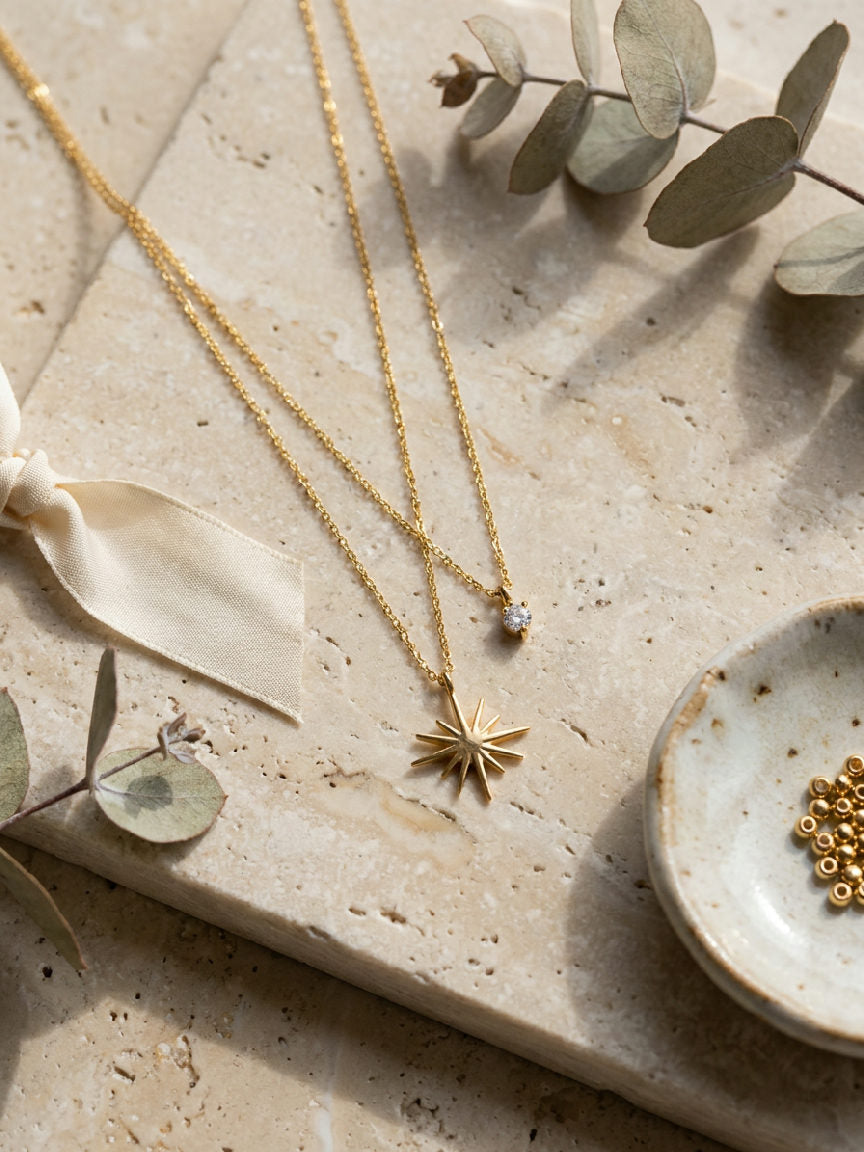 Gouden Stella dubbele ketting met sterbedel en klein diamantje, stainless steel sieraden voor dames