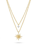 Gouden dubbele ketting van stainless steel met glimmende zirkonia en sterbedel, elegante dames sieraden